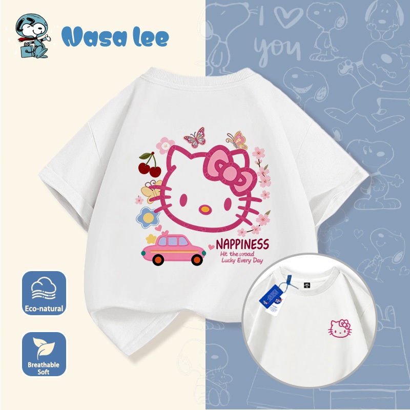 Áo thun tay ngắn Hello Kitty màu trắng cho bé gái 2026 mới, áo kiểu Hàn mùa hè cho bé gái, áo thun cotton