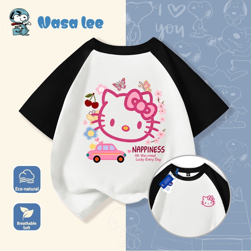 Áo thun tay ngắn Hello Kitty màu trắng cho bé gái 2026 mới, áo kiểu Hàn mùa hè cho bé gái, áo thun cotton