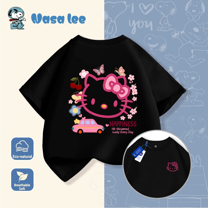 Áo thun tay ngắn Hello Kitty màu trắng cho bé gái 2026 mới, áo kiểu Hàn mùa hè cho bé gái, áo thun cotton