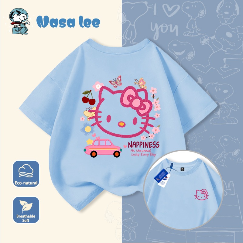Áo thun tay ngắn Hello Kitty màu trắng cho bé gái 2026 mới, áo kiểu Hàn mùa hè cho bé gái, áo thun cotton