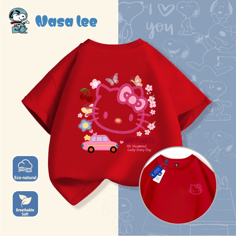 Áo thun tay ngắn Hello Kitty màu trắng cho bé gái 2026 mới, áo kiểu Hàn mùa hè cho bé gái, áo thun cotton