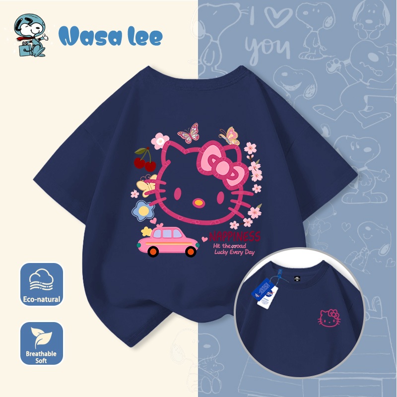 Áo thun tay ngắn Hello Kitty màu trắng cho bé gái 2026 mới, áo kiểu Hàn mùa hè cho bé gái, áo thun cotton