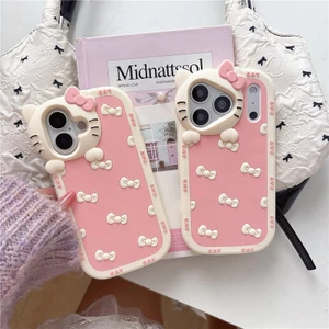 IPhone 17 Pro Max màu hồng Nơ họa tiết Kitty Vỏ điện thoại chất liệu gel silicon