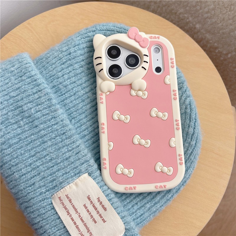 IPhone 17 Pro Max màu hồng Nơ họa tiết Kitty Vỏ điện thoại chất liệu gel silicon