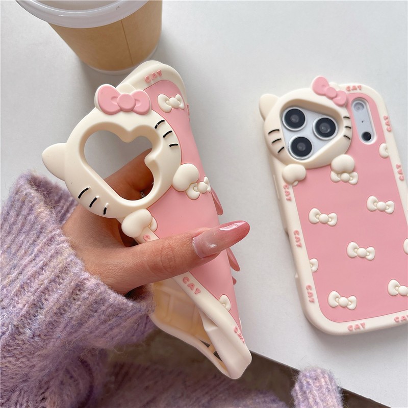IPhone 17 Pro Max màu hồng Nơ họa tiết Kitty Vỏ điện thoại chất liệu gel silicon
