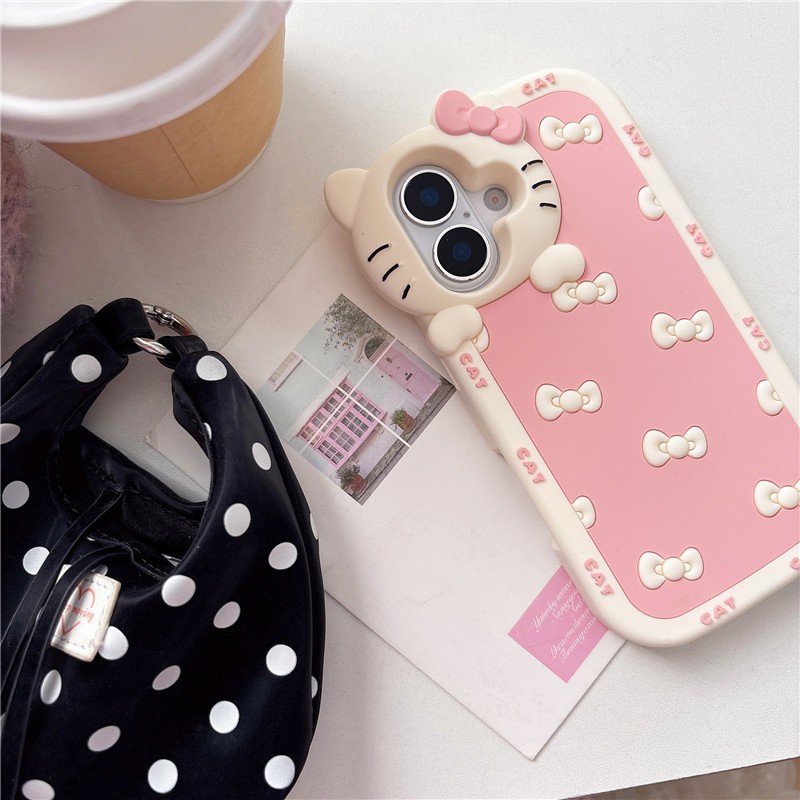 IPhone 17 Pro Max màu hồng Nơ họa tiết Kitty Vỏ điện thoại chất liệu gel silicon