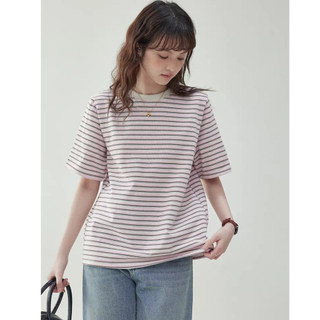 Áo thun sọc ngoại cỡ dành cho nữ - Cotton hỗn hợp mềm mại, form rộng thoải mái, màu hồng và xám, phù hợp mặc thường ngày và mùa hè