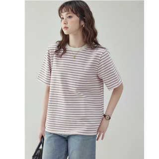 Áo thun sọc ngoại cỡ dành cho nữ - Cotton hỗn hợp mềm mại, form rộng thoải mái, màu hồng và xám, phù hợp mặc thường ngày và mùa hè