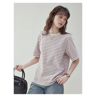 Áo thun sọc ngoại cỡ dành cho nữ - Cotton hỗn hợp mềm mại, form rộng thoải mái, màu hồng và xám, phù hợp mặc thường ngày và mùa hè