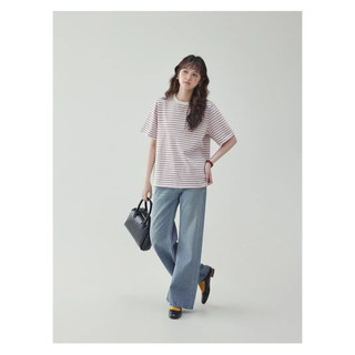 Áo thun sọc ngoại cỡ dành cho nữ - Cotton hỗn hợp mềm mại, form rộng thoải mái, màu hồng và xám, phù hợp mặc thường ngày và mùa hè