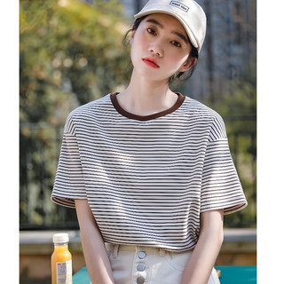 Áo thun ngắn tay nữ dáng rộng, chất liệu cotton thoáng khí, họa tiết sọc trắng và nâu, cổ tròn, phù hợp mặc hàng ngày