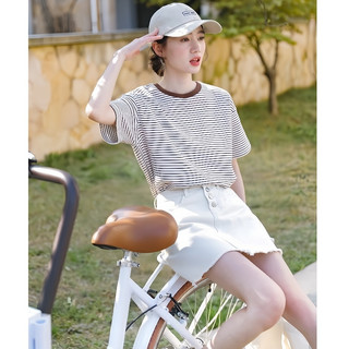 Áo thun ngắn tay nữ dáng rộng, chất liệu cotton thoáng khí, họa tiết sọc trắng và nâu, cổ tròn, phù hợp mặc hàng ngày