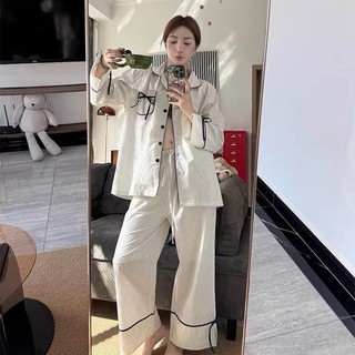 Bộ đồ ngủ nơ sọc thời trang nữ ve áo cardigan tại nhà