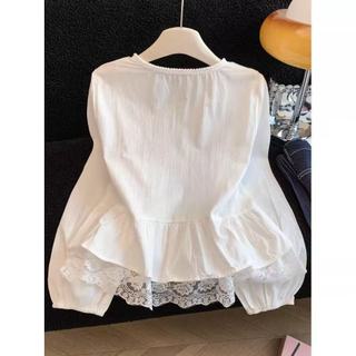 Phong Cách Hàn Quốc Nữ Nữ Rời Ren Ruffle Baggy Áo Sơ Mi Tay Dài