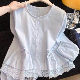 Phong Cách Hàn Quốc Nữ Nữ Rời Ren Ruffle Baggy Áo Sơ Mi Tay Dài