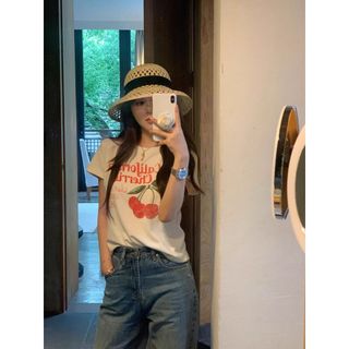 Áo thun nữ cổ tròn 100% cotton, họa tiết hoạt hình, dễ dàng đeo vai