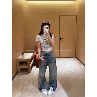 Áo thun nữ 2026 cổ tròn, 100% cotton, họa tiết hoạt hình, có dây đeo vai