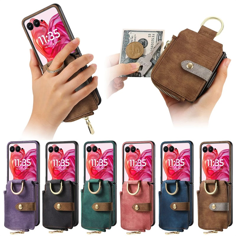 Dành Cho Motorola Moto Razr 40 50 60 Ultra Pro Razr + 2025 Bao Da Lật Ví Có Khe Cắm Thẻ Giá Đỡ Nhẫn Chân Đế Chống Sốc Dây Kéo Ví Đựng Tiền Xu Túi