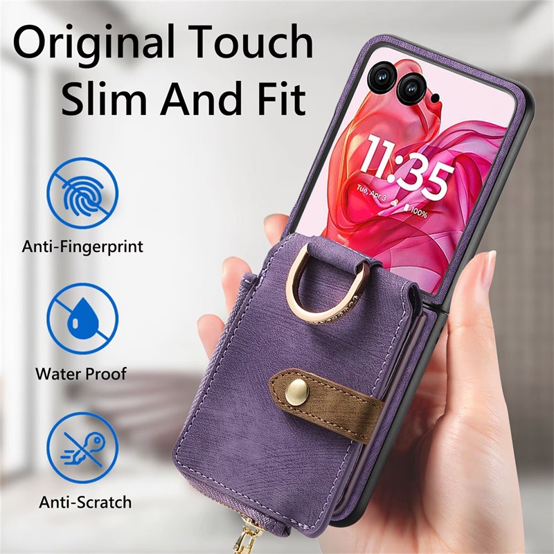 Dành Cho Motorola Moto Razr 40 50 60 Ultra Pro Razr + 2025 Bao Da Lật Ví Có Khe Cắm Thẻ Giá Đỡ Nhẫn Chân Đế Chống Sốc Dây Kéo Ví Đựng Tiền Xu Túi