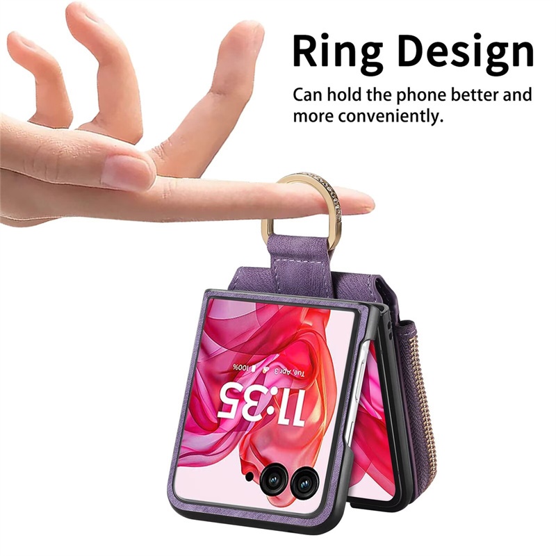 Dành Cho Motorola Moto Razr 40 50 60 Ultra Pro Razr + 2025 Bao Da Lật Ví Có Khe Cắm Thẻ Giá Đỡ Nhẫn Chân Đế Chống Sốc Dây Kéo Ví Đựng Tiền Xu Túi