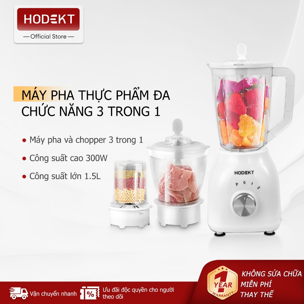 Máy Xay Sinh Tố Đa Chức Năng 3 Trong 1 HODEKT 1.5L 300W Lưỡi Thép 4 Đầu 3 Tốc Độ 3 Cốc Riêng Biệt