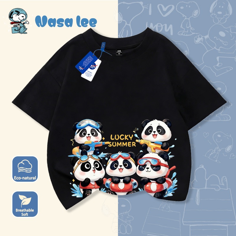 Áo phông ngắn tay cho bé trai lớn (6-14 tuổi) mẫu mới 2026, vải Cotton 100% thoáng mát, họa tiết sọc gấu trúc