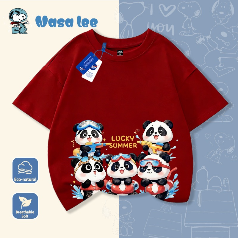 Áo phông ngắn tay cho bé trai lớn (6-14 tuổi) mẫu mới 2026, vải Cotton 100% thoáng mát, họa tiết sọc gấu trúc