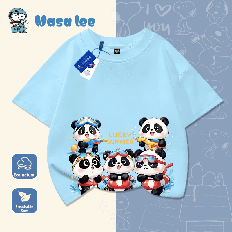 Áo phông ngắn tay cho bé trai lớn (6-14 tuổi) mẫu mới 2026, vải Cotton 100% thoáng mát, họa tiết sọc gấu trúc