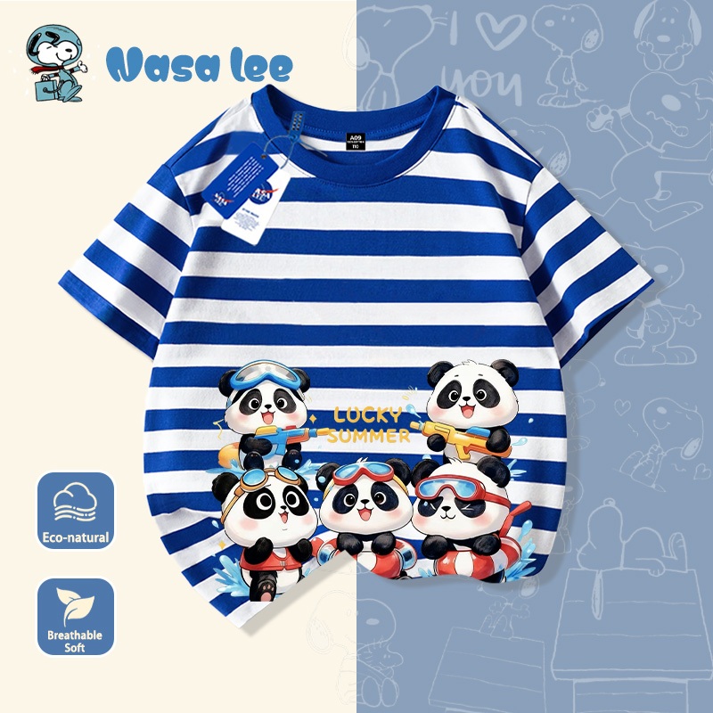 Áo phông ngắn tay cho bé trai lớn (6-14 tuổi) mẫu mới 2026, vải Cotton 100% thoáng mát, họa tiết sọc gấu trúc
