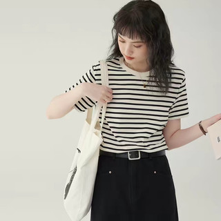 Áo thun cổ tròn sọc đen cổ điển - màu trắng | Áo ngắn tay thoáng khí mềm mại - Áo thường ngày cho công việc / đi chơi hàng ngày