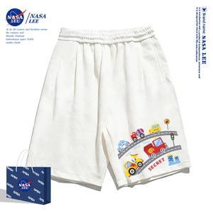 Quần short trắng trẻ em NASA - Mẫu mới 2026 mùa hè với họa tiết xe ô tô hoạt hình, chất liệu thoải mái cho bé trai và bé gái