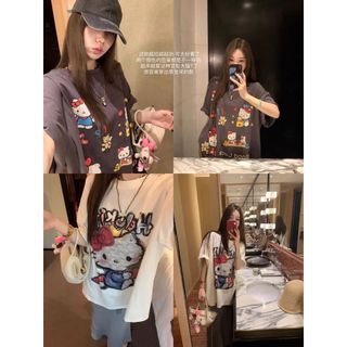 2026 Mới Cổ Tròn Thương Hiệu Mới 100% cotton Lười Rời Hoạt Hình In Hình Áo Thun Nữ Tay Ngắn