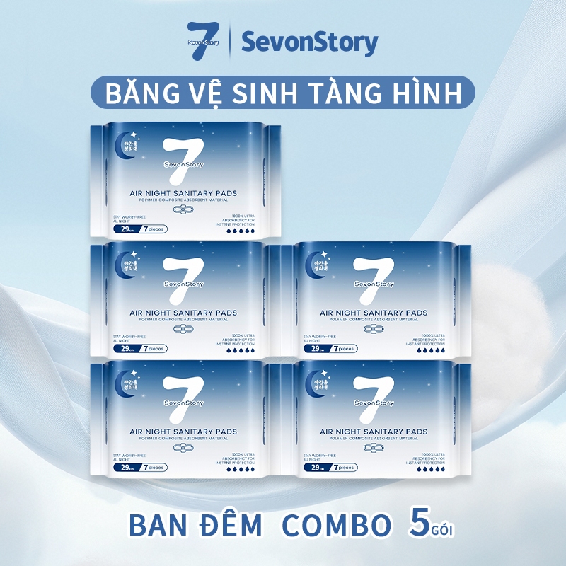 【SevonStory ⑦】Combo 3 gói ban đêm Băng vệ sinh  290mm (7 miếng/gói), tích hợp chip bạc hà mát lạnh dễ chịu. Hương hoa tinh tế, thơm nhẹ ,lưu hương lâu . Chất liệu mềm mại, thấm hút nhanh, chống tràn hiệu quả. Băng vệ sinh tàng hình .