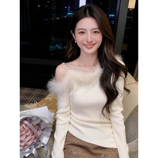 Phong Cách Hàn Quốc Hot Girl Sling Fur Collar Slanted Vai Áo Thun Nữ Thu Đông Cao Cấp quây Áo Len Dài Tay