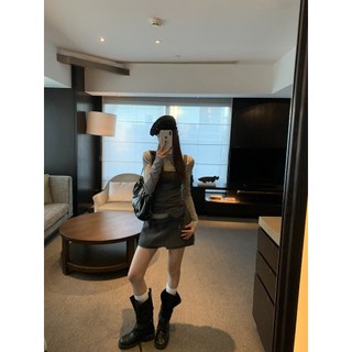 Phong Cách Hàn Quốc Mặc Màu Xám Dệt Kim Sling Áo Thun Dài Tay Phù Hợp Với Nữ Thu Đông Thời Trang Slim-Fit