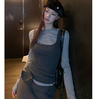 Phong Cách Hàn Quốc Mặc Màu Xám Dệt Kim Sling Áo Thun Dài Tay Phù Hợp Với Nữ Thu Đông Thời Trang Slim-Fit