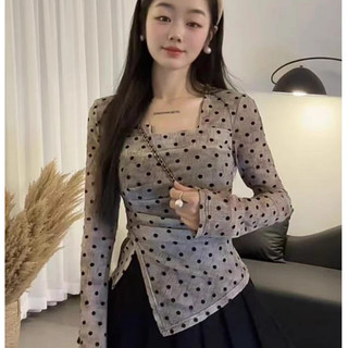 Phong Cách Hàn Quốc Hot Girl Chấm Bi Không Đều Cổ Vuông Dài Tay Áo Thun Nữ Thu Đông Cao Cấp Siêu Đẹp Bo