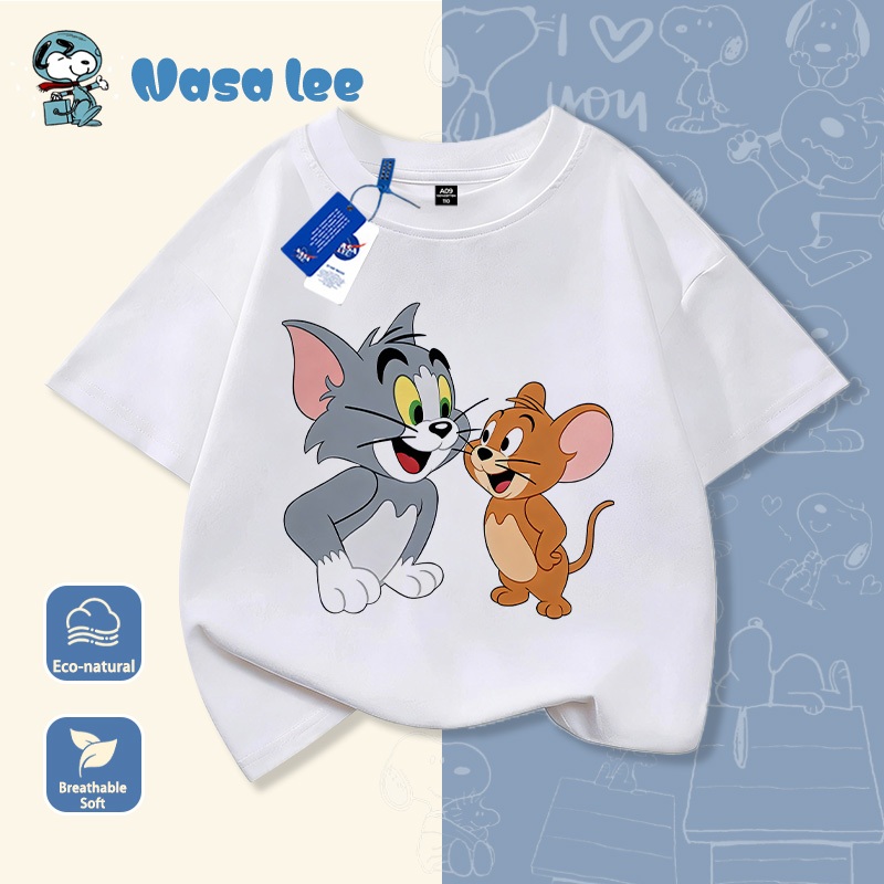 Áo thun ngắn tay cotton in hình Tom and Jerry cho bé trai và bé gái, mới mùa hè, áo cho trẻ trung niên và lớn