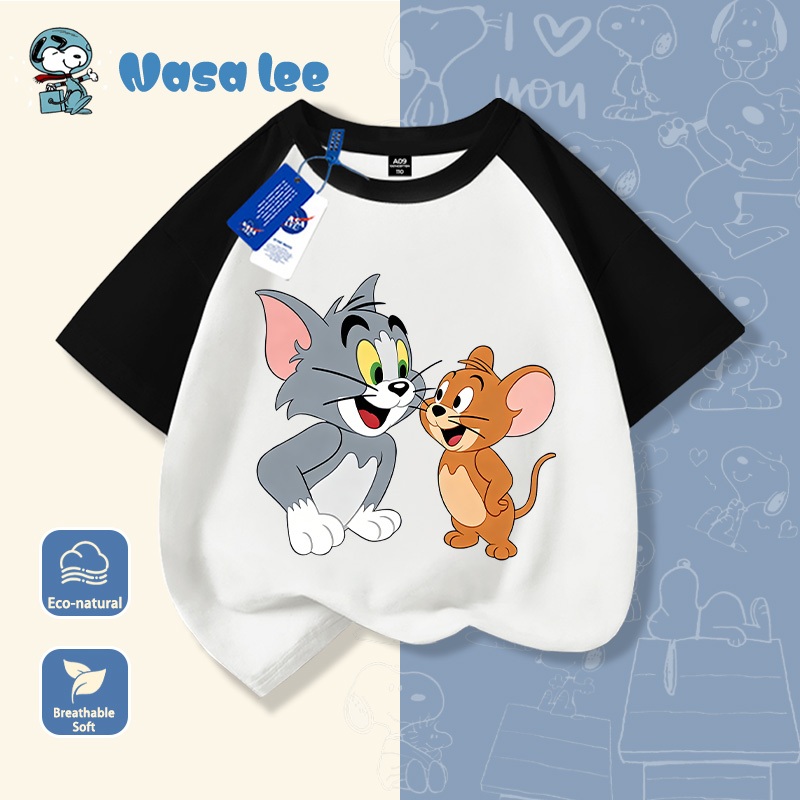 Áo thun ngắn tay cotton in hình Tom and Jerry cho bé trai và bé gái, mới mùa hè, áo cho trẻ trung niên và lớn