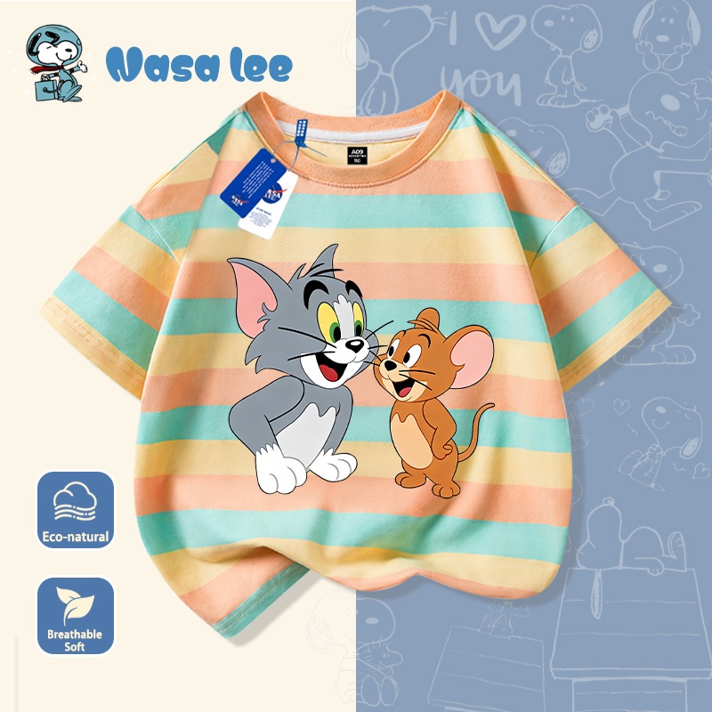 Áo thun ngắn tay cotton in hình Tom and Jerry cho bé trai và bé gái, mới mùa hè, áo cho trẻ trung niên và lớn
