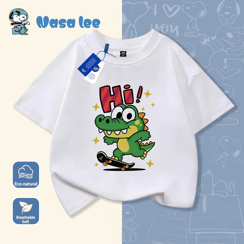 Áo thun cotton ngắn tay hợp tác NASA, in hình khủng long trượt ván, mới mùa hè, mẫu hot, rộng rãi phong cách cho học sinh