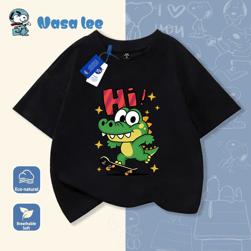 Áo thun cotton ngắn tay hợp tác NASA, in hình khủng long trượt ván, mới mùa hè, mẫu hot, rộng rãi phong cách cho học sinh