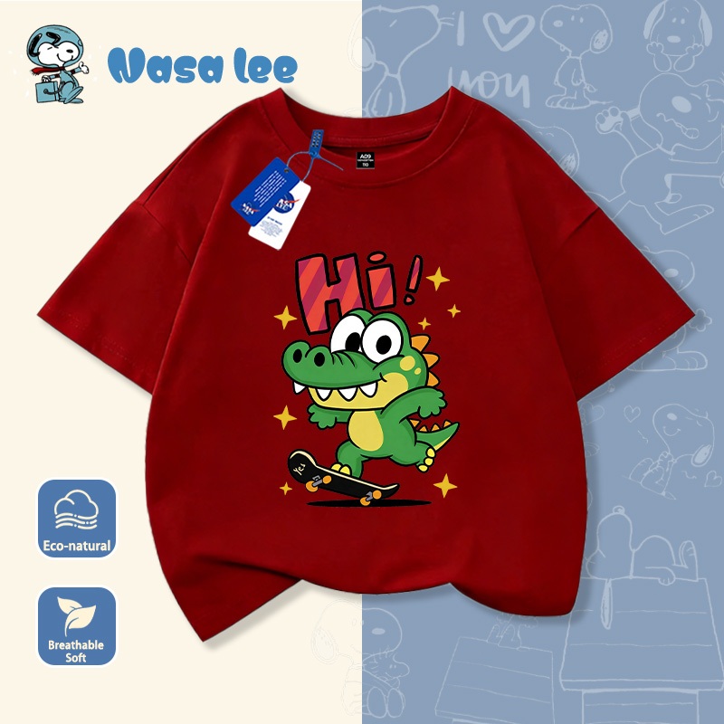 Áo thun cotton ngắn tay hợp tác NASA, in hình khủng long trượt ván, mới mùa hè, mẫu hot, rộng rãi phong cách cho học sinh