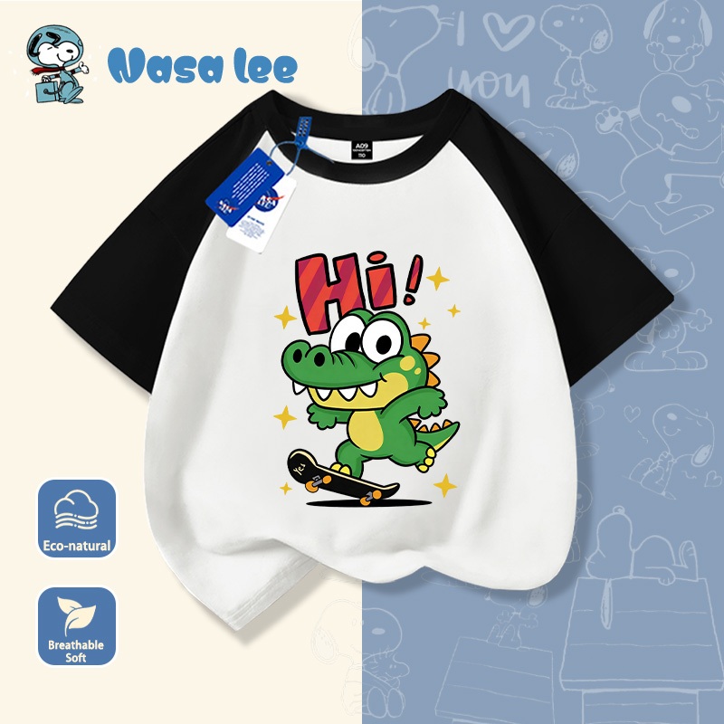 Áo thun cotton ngắn tay hợp tác NASA, in hình khủng long trượt ván, mới mùa hè, mẫu hot, rộng rãi phong cách cho học sinh