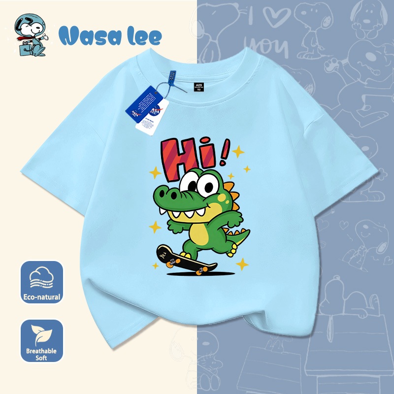 Áo thun cotton ngắn tay hợp tác NASA, in hình khủng long trượt ván, mới mùa hè, mẫu hot, rộng rãi phong cách cho học sinh