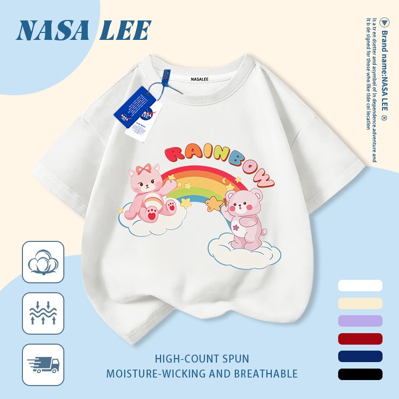 🔥Xu hướng hot 2026🔥 Áo thun trẻ em NASA, họa tiết gấu cầu vồng thời thượng, 100% cotton, Unisex, giao hàng ngay