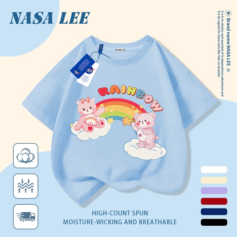 🔥Xu hướng hot 2026🔥 Áo thun trẻ em NASA, họa tiết gấu cầu vồng thời thượng, 100% cotton, Unisex, giao hàng ngay