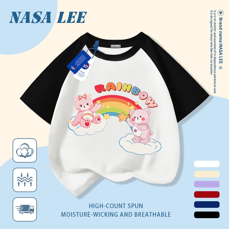 🔥Xu hướng hot 2026🔥 Áo thun trẻ em NASA, họa tiết gấu cầu vồng thời thượng, 100% cotton, Unisex, giao hàng ngay