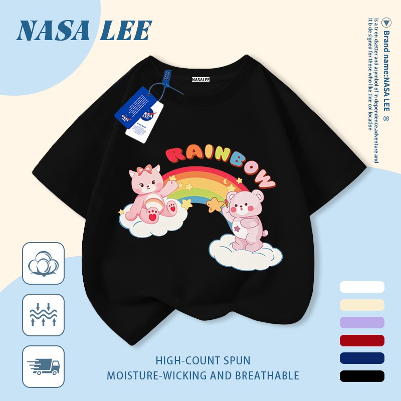 🔥Xu hướng hot 2026🔥 Áo thun trẻ em NASA, họa tiết gấu cầu vồng thời thượng, 100% cotton, Unisex, giao hàng ngay