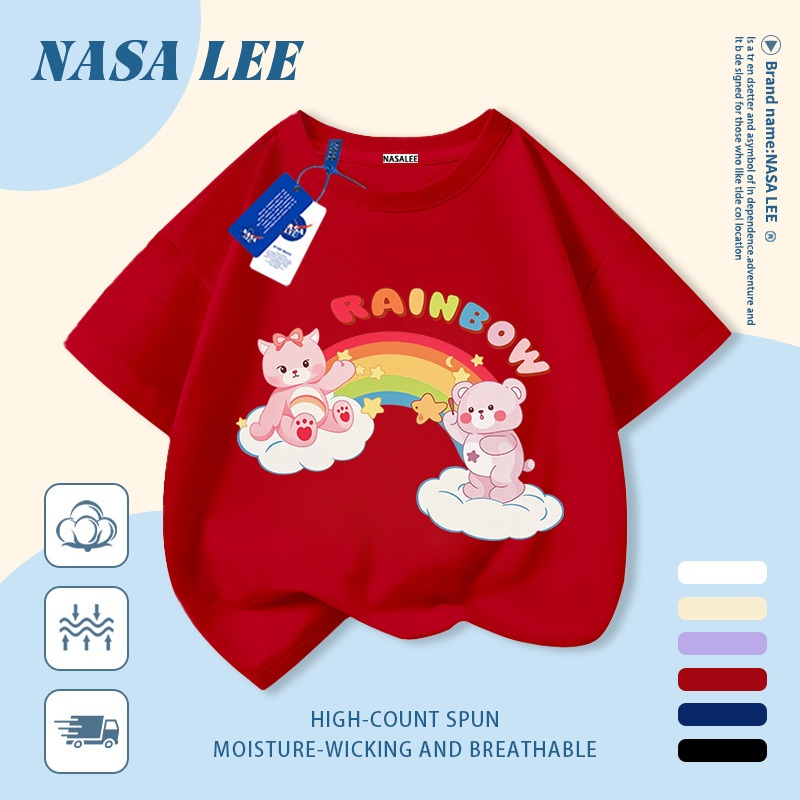 🔥Xu hướng hot 2026🔥 Áo thun trẻ em NASA, họa tiết gấu cầu vồng thời thượng, 100% cotton, Unisex, giao hàng ngay